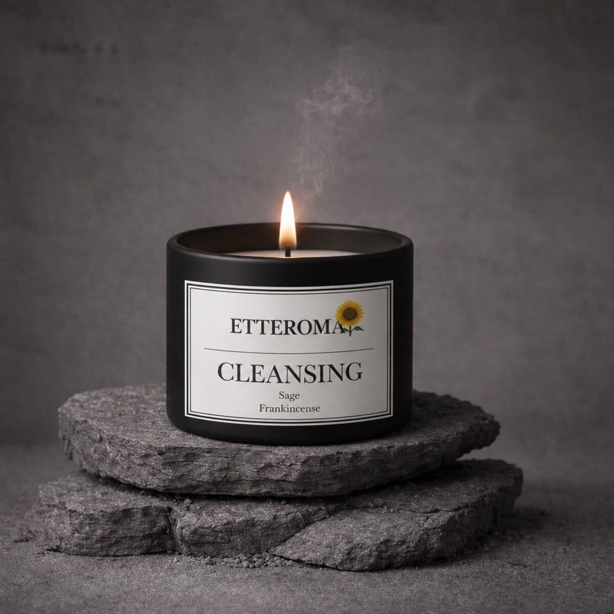 A lit Etteroma candle in a matte black vessel