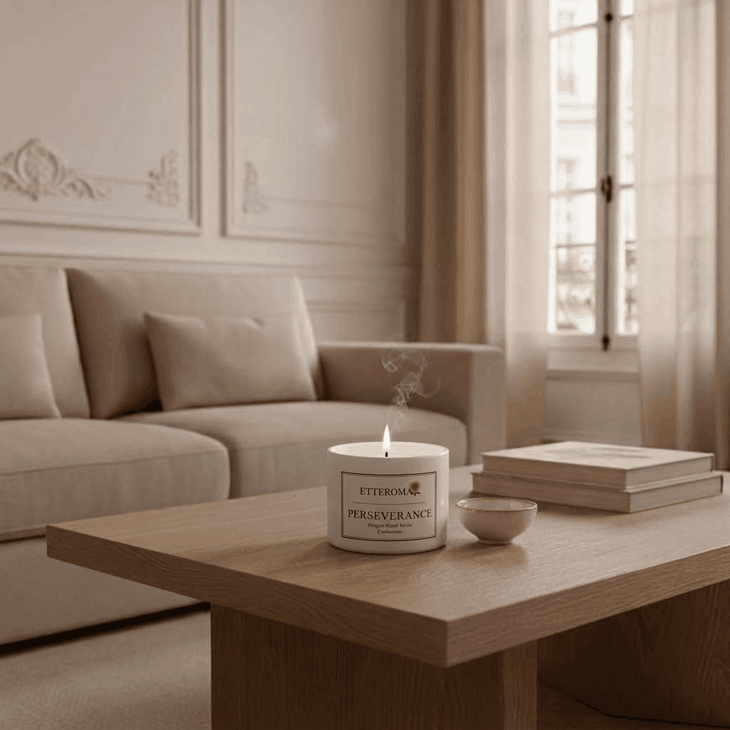 A lit Etteroma candle on an oak table in a sunlit room